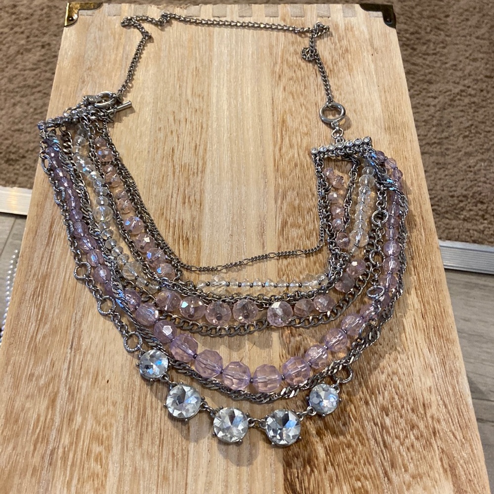 Costume Jewelry- long layered pink and silver beaded necklace